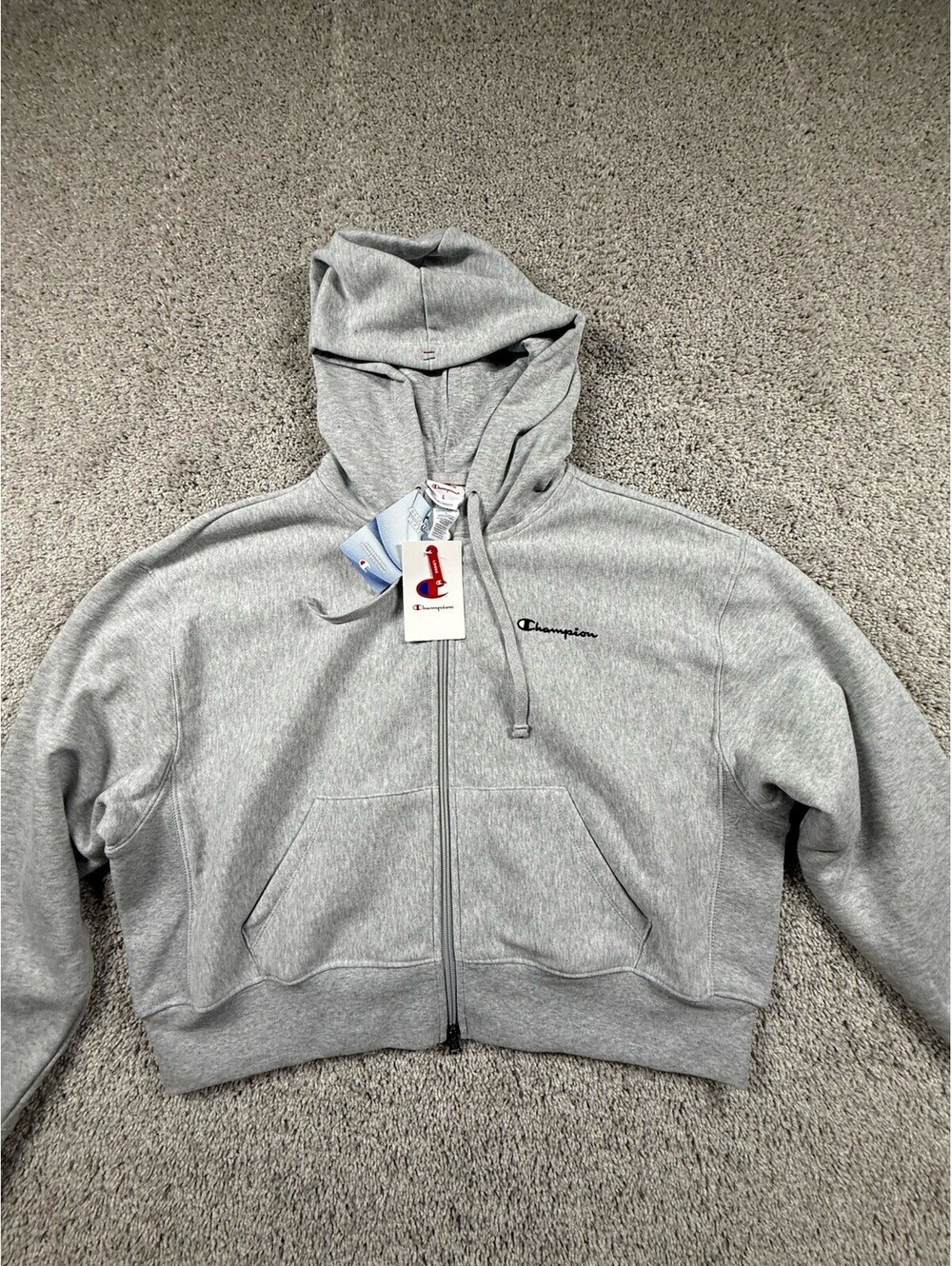 NWT Champion Women’s Cropped Full Zip Hoodie Gray Cotton Heavyweight Large